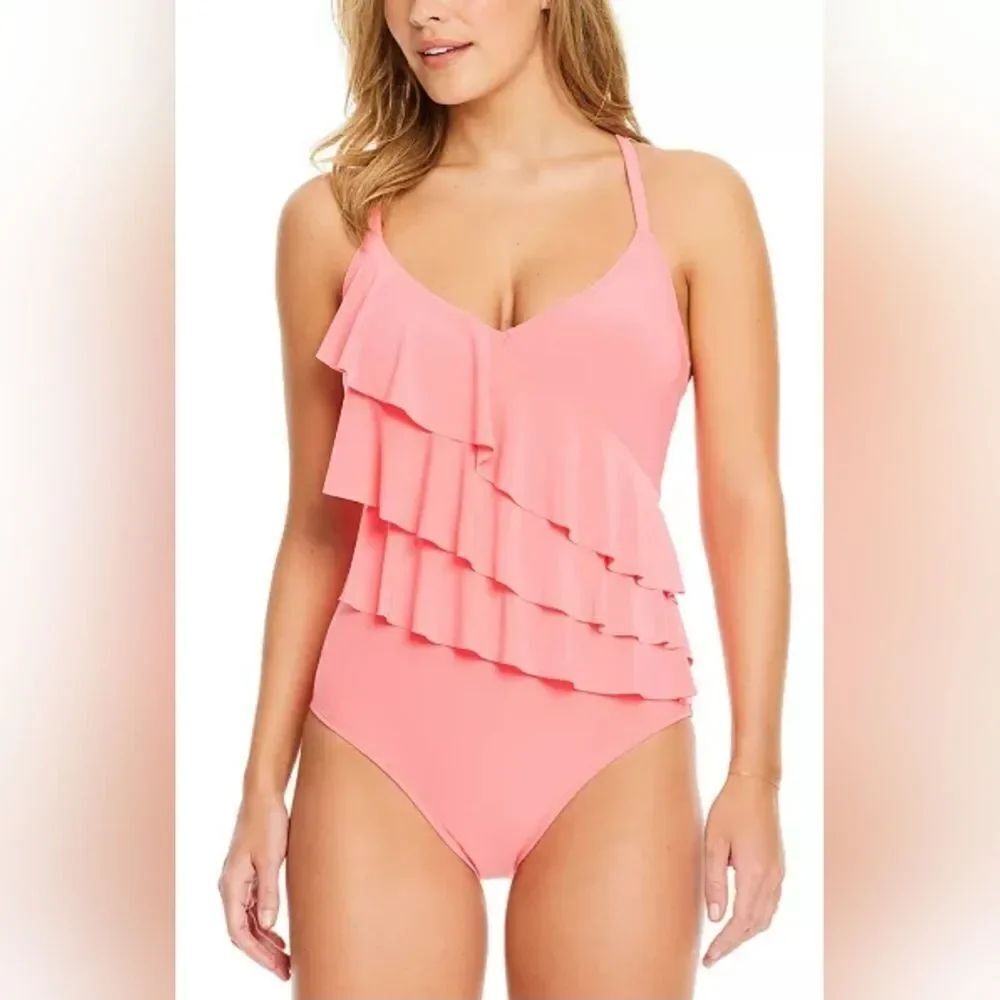 Beyond Control Tiered Ruffle One-Piece Swimsuit NWOT Size 8 Pink